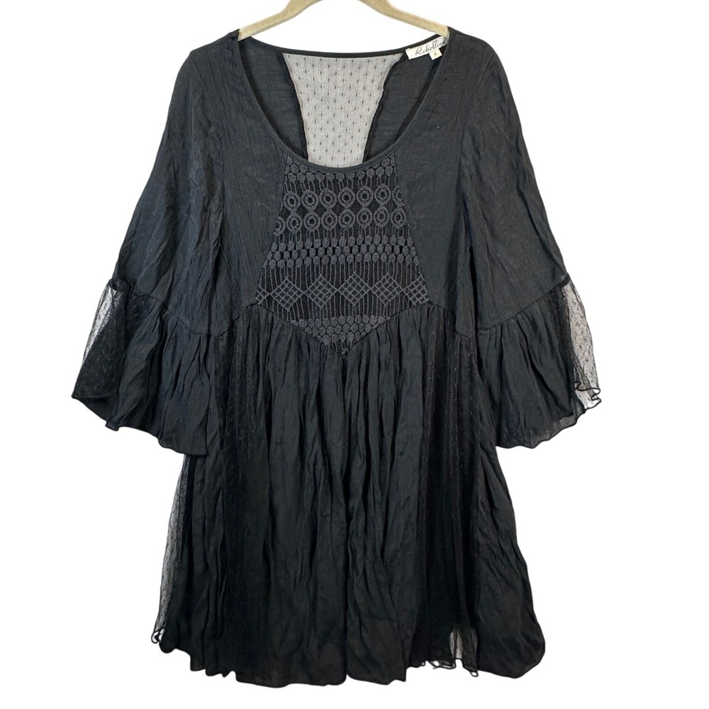 Witchy Goth Renaissance Black Boho Lace Crochet Bell Sleeve Mini Dress Small